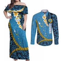 Sanma Province Couples Matching Off Shoulder Maxi Dress and Long Sleeve Button Shirt Vanuatu Pattern Myna Bird - Plumeria Flag Color