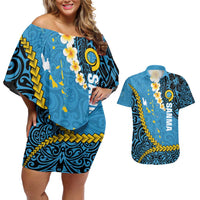 Sanma Province Couples Matching Off Shoulder Short Dress and Hawaiian Shirt Vanuatu Pattern Myna Bird - Plumeria Flag Color