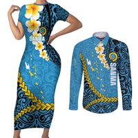 Sanma Province Couples Matching Short Sleeve Bodycon Dress and Long Sleeve Button Shirt Vanuatu Pattern Myna Bird - Plumeria Flag Color