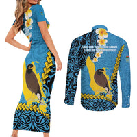 Sanma Province Couples Matching Short Sleeve Bodycon Dress and Long Sleeve Button Shirt Vanuatu Pattern Myna Bird - Plumeria Flag Color