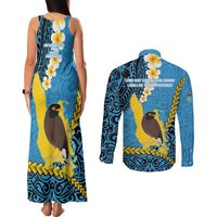 Sanma Province Couples Matching Tank Maxi Dress and Long Sleeve Button Shirt Vanuatu Pattern Myna Bird - Plumeria Flag Color