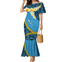 Sanma Province Family Matching Mermaid Dress and Hawaiian Shirt Vanuatu Pattern Myna Bird - Plumeria Flag Color LT14 Mom's Dress Blue - Polynesian Pride