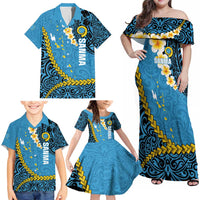 Sanma Province Family Matching Off Shoulder Maxi Dress and Hawaiian Shirt Vanuatu Pattern Myna Bird - Plumeria Flag Color LT14 - Polynesian Pride