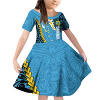 Sanma Province Family Matching Off Shoulder Short Dress and Hawaiian Shirt Vanuatu Pattern Myna Bird - Plumeria Flag Color LT14 Daughter's Dress Blue - Polynesian Pride