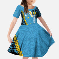 Sanma Province Kid Short Sleeve Dress Vanuatu Pattern Myna Bird - Plumeria Flag Color LT14 KID Blue - Polynesian Pride
