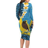 Sanma Province Long Sleeve Bodycon Dress Vanuatu Pattern Myna Bird - Plumeria Flag Color LT14 - Polynesian Pride
