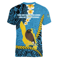 Sanma Province Women V-Neck T-Shirt Vanuatu Pattern Myna Bird - Plumeria Flag Color LT14 - Polynesian Pride