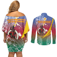 Shefa Province Couples Matching Off Shoulder Short Dress and Long Sleeve Button Shirt Vanuatu Pattern Map - Plumeria Flag Color