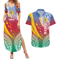 Shefa Province Couples Matching Summer Maxi Dress and Hawaiian Shirt Vanuatu Pattern Map - Plumeria Flag Color