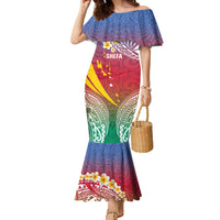 Shefa Province Family Matching Mermaid Dress and Hawaiian Shirt Vanuatu Pattern Map - Plumeria Flag Color LT14 Mom's Dress Red - Polynesian Pride