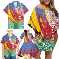 Shefa Province Family Matching Off Shoulder Short Dress and Hawaiian Shirt Vanuatu Pattern Map - Plumeria Flag Color LT14 - Polynesian Pride
