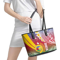 Shefa Province Leather Tote Bag Vanuatu Pattern Map - Plumeria Flag Color LT14 - Polynesian Pride