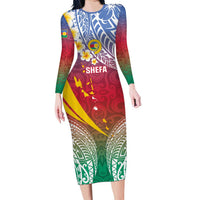 Shefa Province Long Sleeve Bodycon Dress Vanuatu Pattern Map - Plumeria Flag Color LT14 Long Dress Red - Polynesian Pride