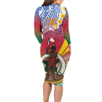 Shefa Province Long Sleeve Bodycon Dress Vanuatu Pattern Map - Plumeria Flag Color LT14 - Polynesian Pride