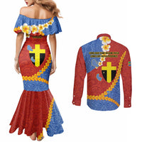 Tafea Province Couples Matching Mermaid Dress and Long Sleeve Button Shirt Vanuatu Pattern Map - Plumeria Flag Color