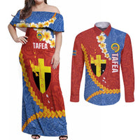 Tafea Province Couples Matching Off Shoulder Maxi Dress and Long Sleeve Button Shirt Vanuatu Pattern Map - Plumeria Flag Color