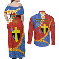 Tafea Province Couples Matching Off Shoulder Maxi Dress and Long Sleeve Button Shirt Vanuatu Pattern Map - Plumeria Flag Color