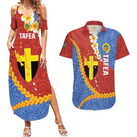Tafea Province Couples Matching Summer Maxi Dress and Hawaiian Shirt Vanuatu Pattern Map - Plumeria Flag Color