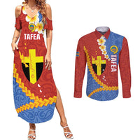 Tafea Province Couples Matching Summer Maxi Dress and Long Sleeve Button Shirt Vanuatu Pattern Map - Plumeria Flag Color