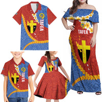 Tafea Province Family Matching Off Shoulder Maxi Dress and Hawaiian Shirt Vanuatu Pattern Map - Plumeria Flag Color LT14 - Polynesian Pride