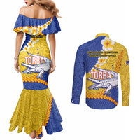 Torba Province Couples Matching Mermaid Dress and Long Sleeve Button Shirt Vanuatu Pattern Crocodile - Plumeria Flag Color