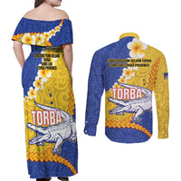 Torba Province Couples Matching Off Shoulder Maxi Dress and Long Sleeve Button Shirt Vanuatu Pattern Crocodile - Plumeria Flag Color