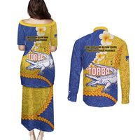 Torba Province Couples Matching Puletasi and Long Sleeve Button Shirt Vanuatu Pattern Crocodile - Plumeria Flag Color