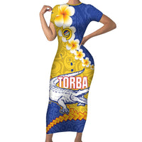 Torba Province Family Matching Short Sleeve Bodycon Dress and Hawaiian Shirt Vanuatu Pattern Crocodile - Plumeria Flag Color LT14 Mom's Dress Yellow - Polynesian Pride
