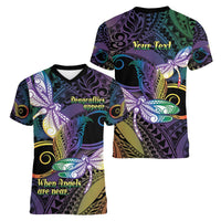 Personalized Polynesian Memorial Women V-Neck T-Shirt Dragonflies Appear When Angels Are Near LT14 - Polynesian Pride