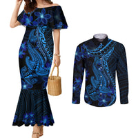 Blue Polynesia Shark Tattoo Couples Matching Mermaid Dress and Long Sleeve Button Shirt With Polynesian Plumeria LT14 Blue - Polynesian Pride
