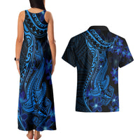 Blue Polynesia Shark Tattoo Couples Matching Tank Maxi Dress and Hawaiian Shirt With Polynesian Plumeria LT14 - Polynesian Pride