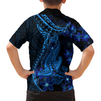 Blue Polynesia Shark Tattoo Family Matching Short Sleeve Bodycon Dress and Hawaiian Shirt With Polynesian Plumeria LT14 - Polynesian Pride