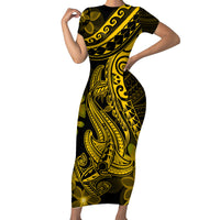 Gold Polynesia Shark Tattoo Short Sleeve Bodycon Dress With Polynesian Plumeria LT14 Long Dress Gold - Polynesian Pride