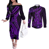 Purple Polynesia Shark Tattoo Couples Matching Off The Shoulder Long Sleeve Dress and Long Sleeve Button Shirt With Polynesian Plumeria LT14 Purple - Polynesian Pride
