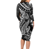 Black Polynesia Long Sleeve Bodycon Dress Shark Tattoo With Polynesian Plumeria LT14 - Polynesian Pride