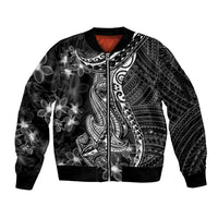 Black Polynesia Sleeve Zip Bomber Jacket Shark Tattoo With Polynesian Plumeria LT14 Unisex Black - Polynesian Pride