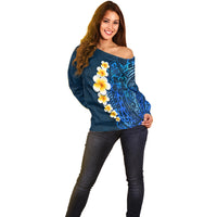 Blue Polynesia Off Shoulder Sweater Plumeria Tropical Leaves With Galaxy Polynesian Art LT14 - Polynesian Pride