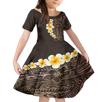 Brown Polynesia Family Matching Off Shoulder Short Dress and Hawaiian Shirt Plumeria Tropical Leaves With Galaxy Polynesian Art LT14 Daughter's Dress Brown - Polynesian Pride