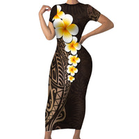 Brown Polynesia Short Sleeve Bodycon Dress Plumeria Tropical Leaves With Galaxy Polynesian Art LT14 Long Dress Brown - Polynesian Pride