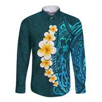 Turquosie Polynesia Long Sleeve Button Shirt Plumeria Tropical Leaves With Galaxy Polynesian Art LT14 Unisex Turquoise - Polynesian Pride