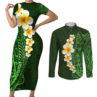 Green Polynesia Couples Matching Short Sleeve Bodycon Dress and Long Sleeve Button Shirt Plumeria Tropical Leaves With Galaxy Polynesian Art LT14 Green - Polynesian Pride