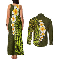 Lime Green Tropical Plumeria With Galaxy Polynesian Art Couples Matching Tank Maxi Dress and Long Sleeve Button Shirt LT14 - Polynesian Pride