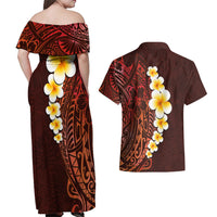 Red Tropical Plumeria With Galaxy Polynesian Art Couples Matching Off Shoulder Maxi Dress and Hawaiian Shirt LT14 - Polynesian Pride