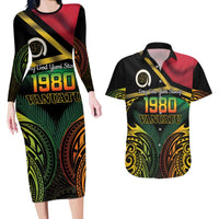 Vanuatu 1980 Couples Matching Long Sleeve Bodycon Dress and Hawaiian Shirt Hapi 45 Yia Indipendens Anivesari