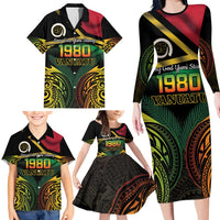 Vanuatu 1980 Family Matching Long Sleeve Bodycon Dress and Hawaiian Shirt Hapi 45 Yia Indipendens Anivesari