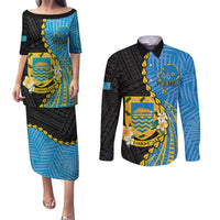 Tuvalu Independence Day Couples Matching Puletasi and Long Sleeve Button Shirt Manuia te tutokotasi o Tuvaluan Dolphin Tattoo LT14 Blue - Polynesian Pride