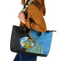 Tuvalu Independence Day Leather Tote Bag Manuia te tutokotasi o Tuvaluan Dolphin Tattoo LT14 Blue - Polynesian Pride