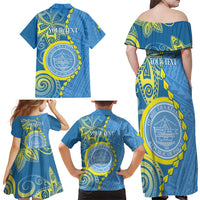 Personalised Palau Independence Day Family Matching Off Shoulder Maxi Dress and Hawaiian Shirt Belau Coat Of Arms Polynesian Curve Style