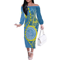 Personalised Palau Independence Day Off The Shoulder Long Sleeve Dress Belau Coat Of Arms Polynesian Curve Style