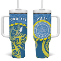 Personalised Palau Independence Day Tumbler With Handle Belau Coat Of Arms Polynesian Curve Style LT14 One Size: 40 oz Blue - Polynesian Pride